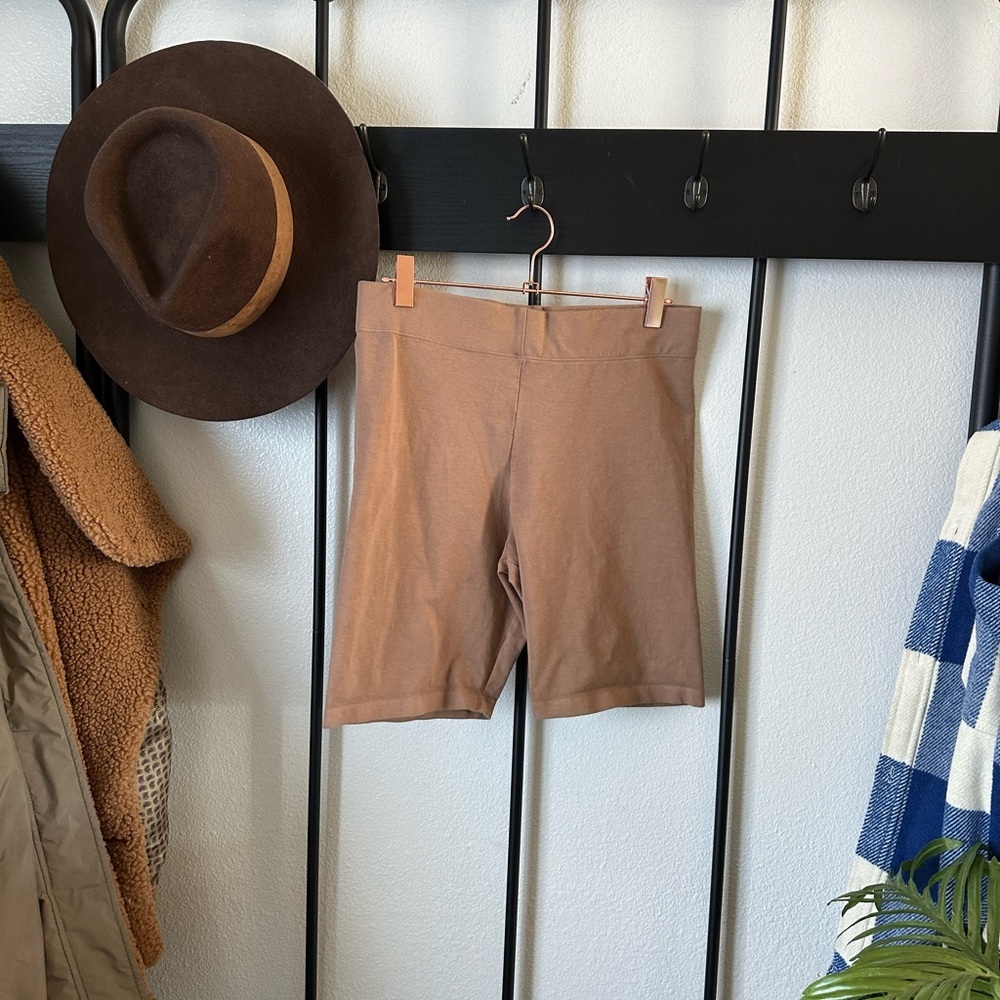 Good American brown tan neutral cotton stretch biker bike shorts fitness casual